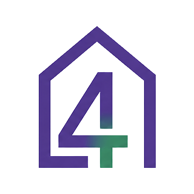 Stylized number four inside house outline logo