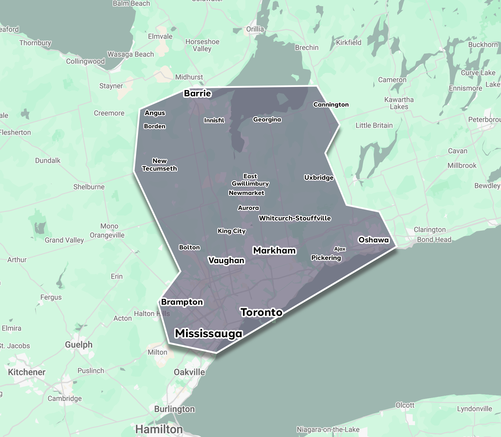 Map highlighting Greater Toronto Area boundaries in Ontario