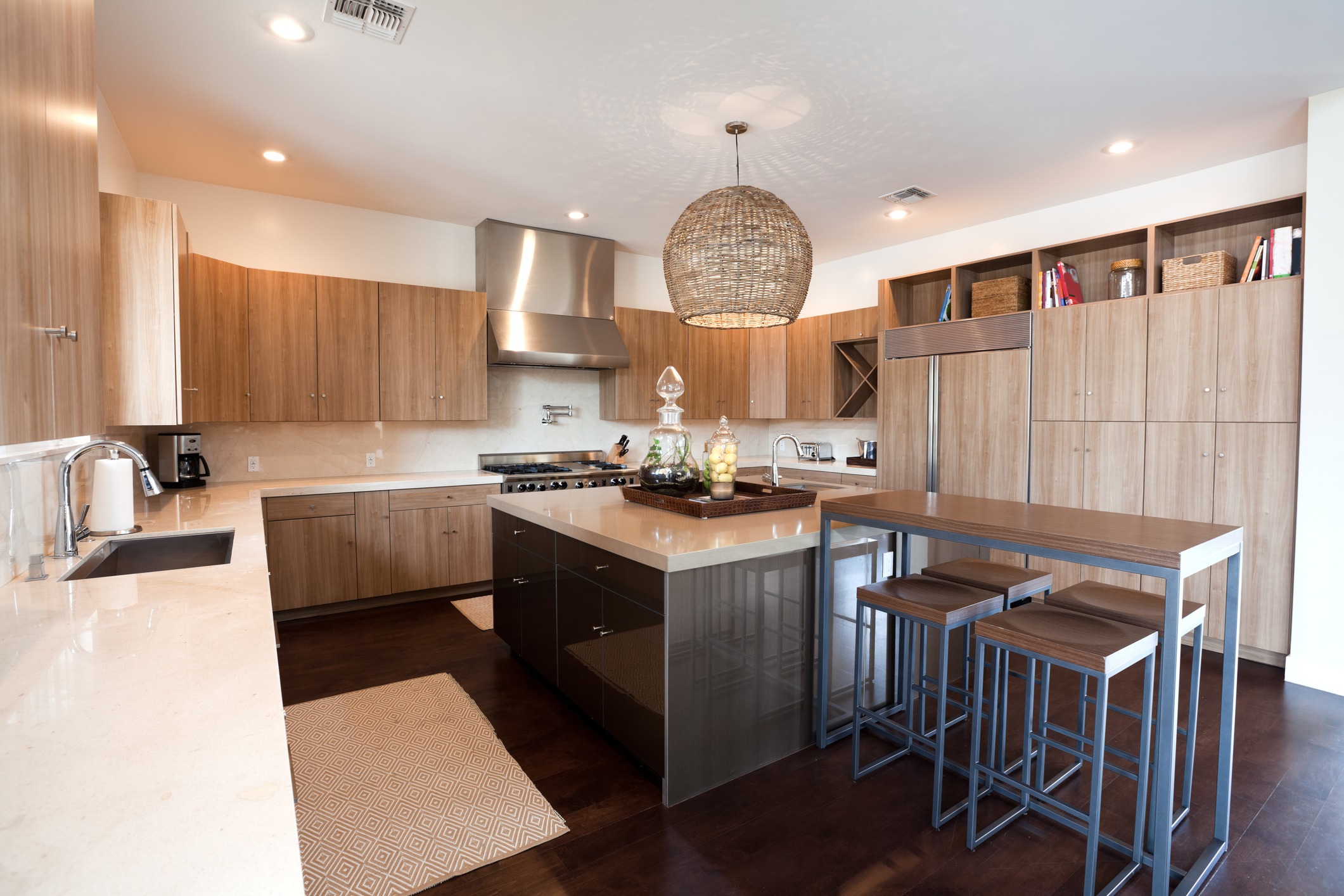 Modern kitchen with wood cabinets and island