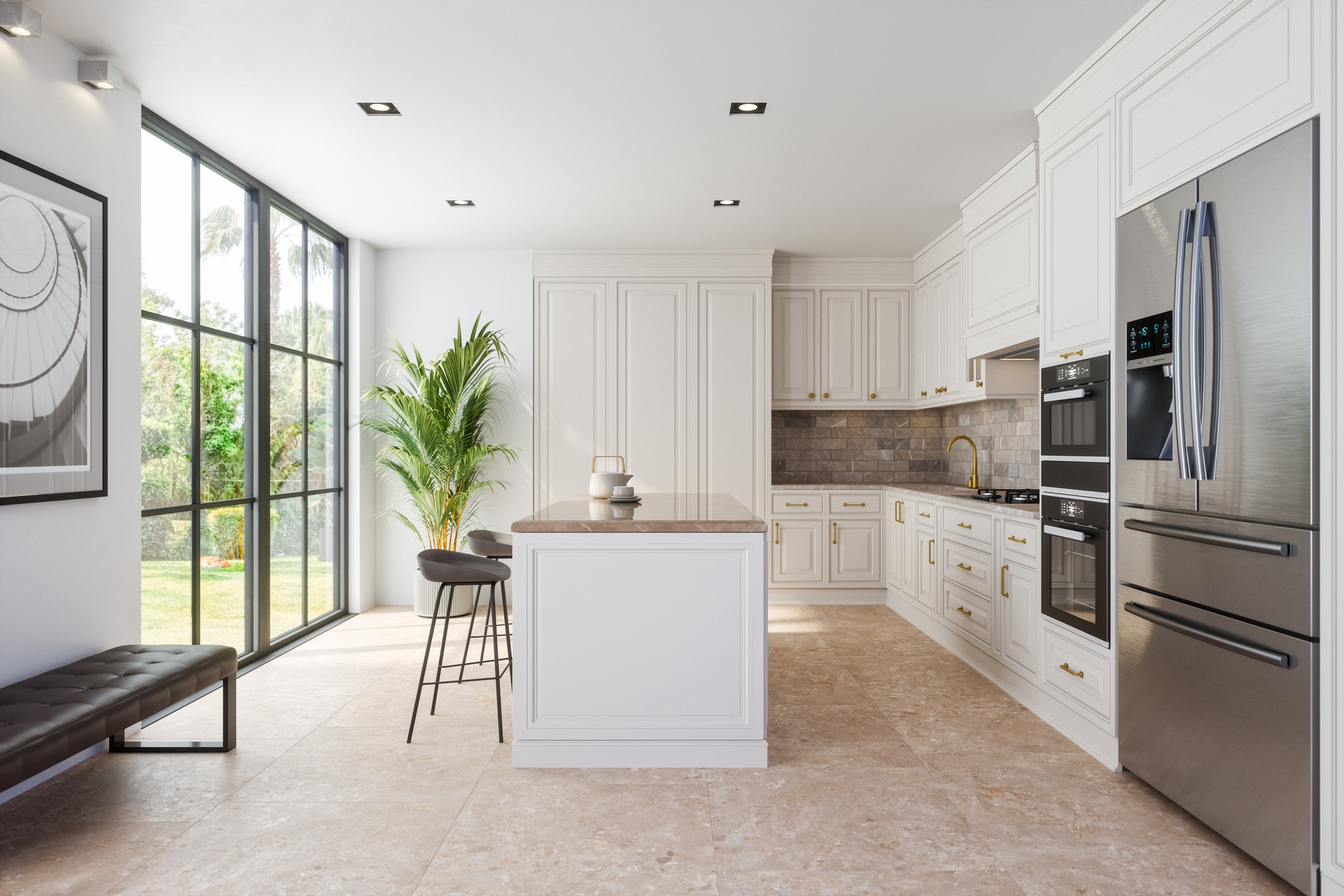 Bright modern kitchen with white cabinets and island